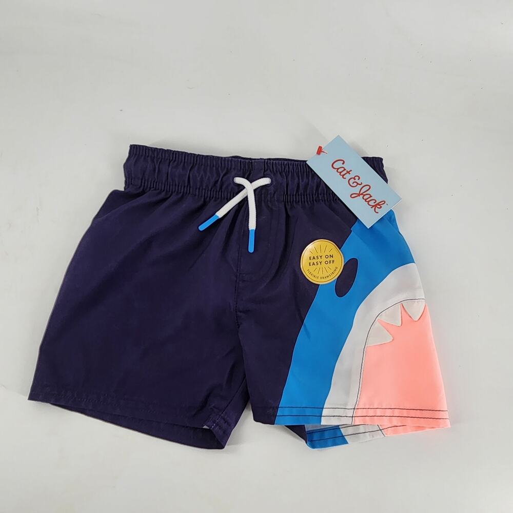 Cat & Jack Hungry Shark Swim Trunks Toddler 2T Blue Mesh Lined Water Shorts